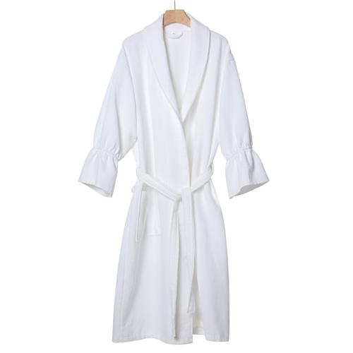 Waffle Bathrobe with Ruffles / White